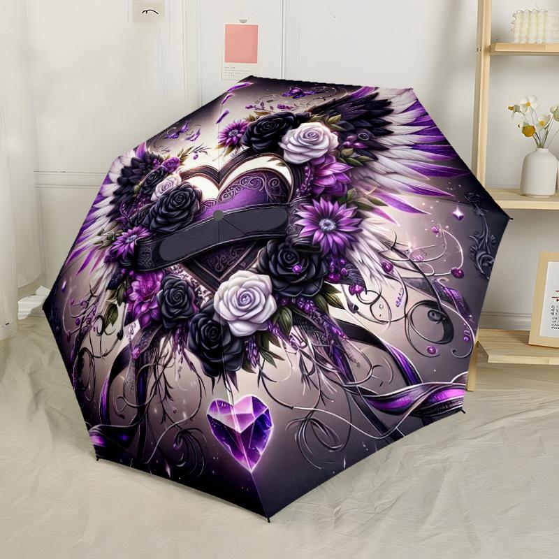 Purple And Black Floral Wings With Heart Compact Travel Automatic Umbrella Compact 8Rib Design Foldable Design Perfect For Outdoor Adventures