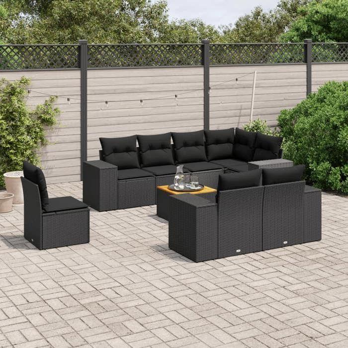 VidaXL Salon de Jardin avec Coussins 9 pcs, Canapés de Terrasse, Ensemble de Meubles de Patio, Mobilier d'Extérieur, Noir 3225537