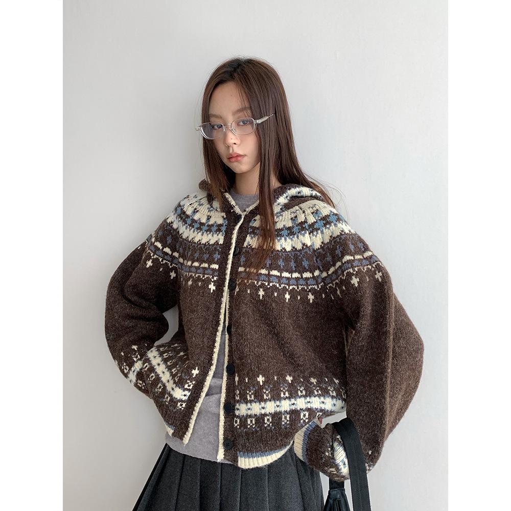 Кардиган Dorothy Fair Isle Retro с капюшоном и вязанным узором — женский утолщенный универсальный свитер