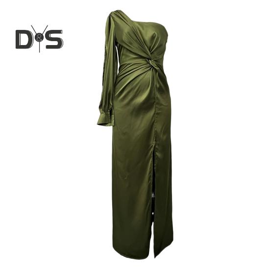 Женское вечернее платье на одно плечо с открытым рукавом, разрезом по низу, однотонное, с тонкой талией, плиссированное, с узлом, однотонное, коктейльное, вечернее платье макси