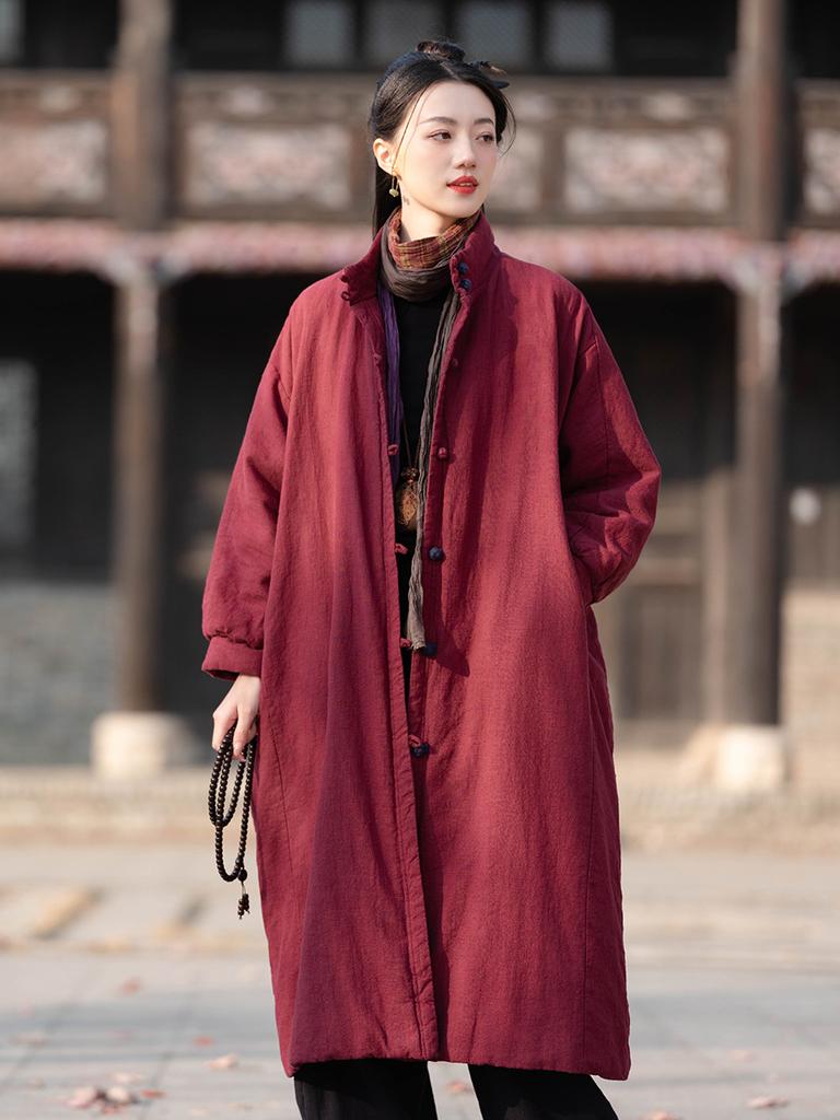 Johnature Women Vintage Long Parkas Turtleneck Solid Color Plus Cotton Warm Coats Winter Long Sleeve Button Parkas