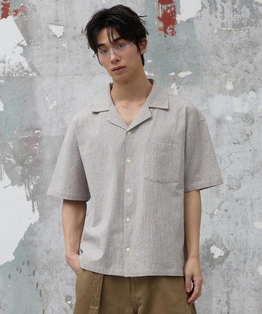AGOD Open Collar Check Half Shirt [Beige]