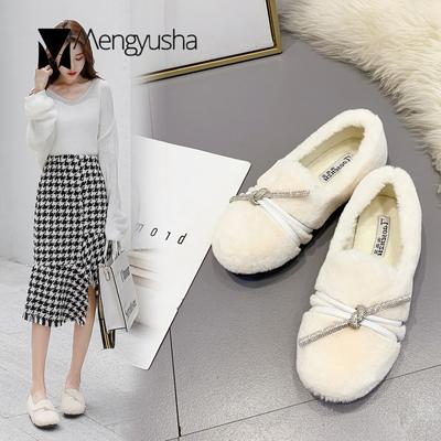 Модные блестящие мокасины с кристаллами и плюшевыми узлами, однотонные мокасины с круглым носком, зимние туфли-лодочки без застежек, маффины, меховые туфли для девочек, зимние туфли-сапатиллы 2024 года