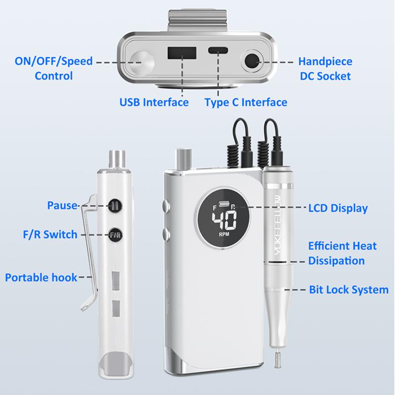 Электрическая дрель для ногтей, 40000 об/мин, маникюрная машина для резки УФ-лака, геля, перезаряжаемая портативная электрическая пилочка для ногтей, инструменты