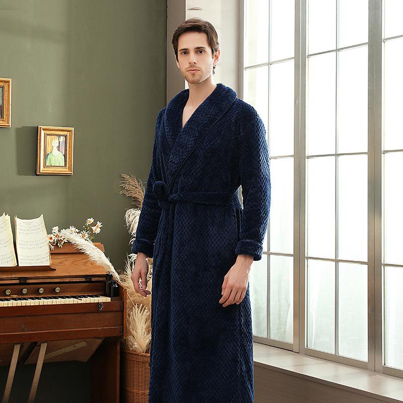 Plus Size Men's Autumn Winter Bathrobe Couple's Thickened Long Robe Solid Waist-tie Loungewear with Pockets