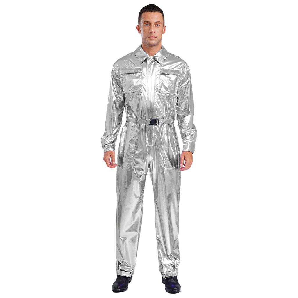 Mens Shiny Metallic Turn Down Collar Long Sleeve High Waist Jumpsuit Halloween Costume