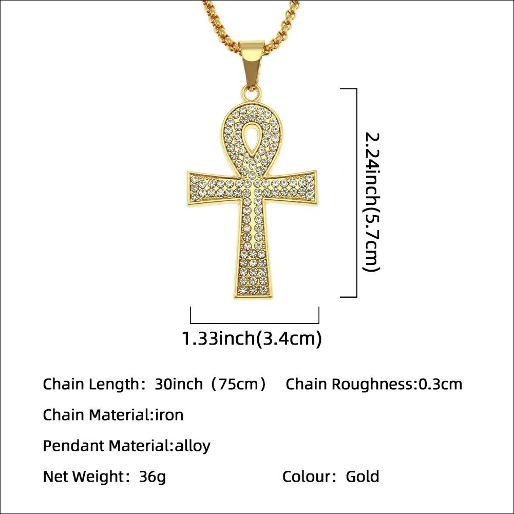 Egyptian Ankh Necklace Crystal Alloy Gold Plated Jewelry Hip Hop Rhinestone Ankh Pendant Necklace Jewelry for Sweater Necklaces
