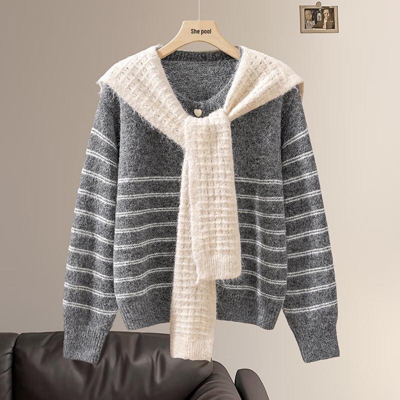 Women's Wool Blend Striped Knit Top with Heart Buttons