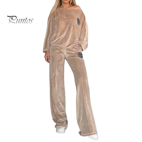 Женский комплект из 2 предметов: топ, брюки, бархатный круглый вырез, рукава «летучая мышь», блузка, широкие брюки, однотонный спортивный костюм на каждый день, осенне-весенний спортивный костюм