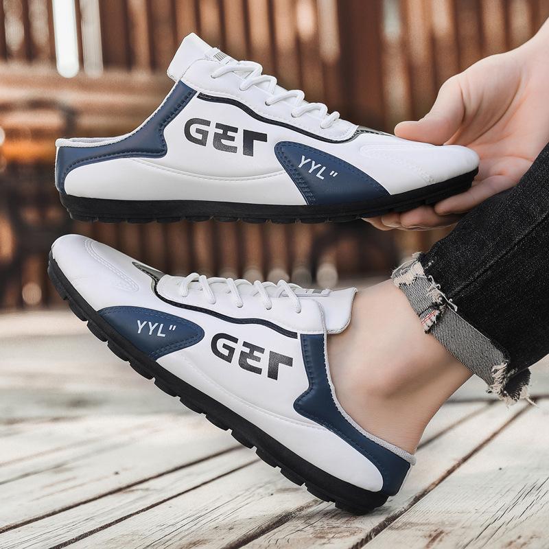 Мужская обувь 2025 лето новая кожаная корейская версия повседневная спортивная универсальная дышащая полуподдержка на одной педали мужская обувь обувь для вождения