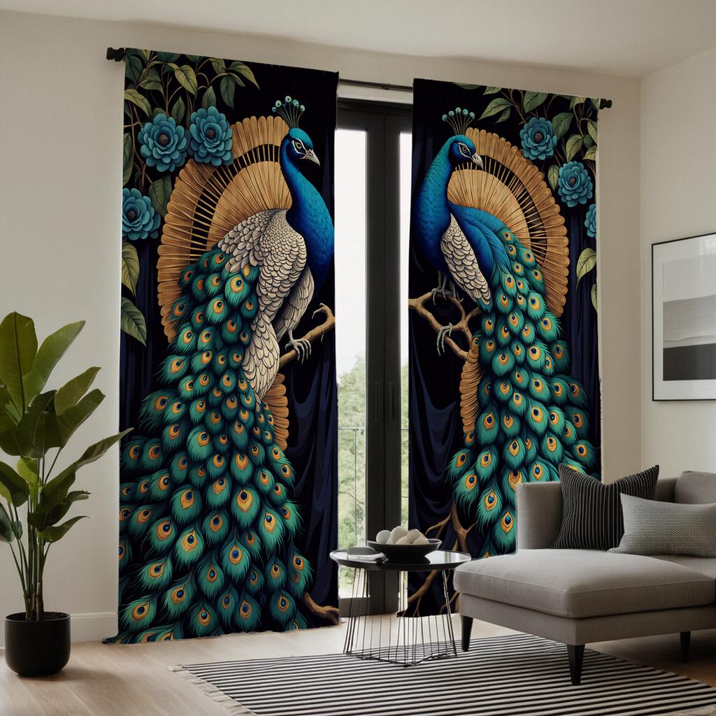 2 шт. HD Digital Blue Series Auscious Peacock Curtains Home Decorating Style Decorating Living Room Bedroom Rodding Curtain