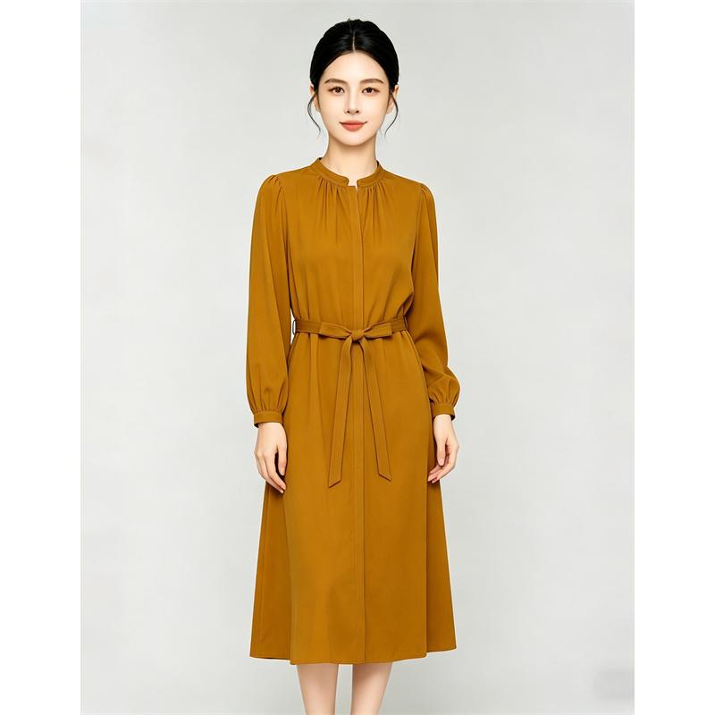 Waist cinching temperament long sleeved mid length skirt