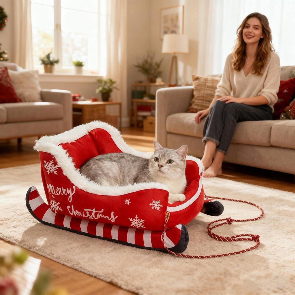 Red Dog Bed Non-slip Cushion Warm Washable Dog Bed for Winter Puppy Animal Indoor Outdoor Outside Car Sofa Crate