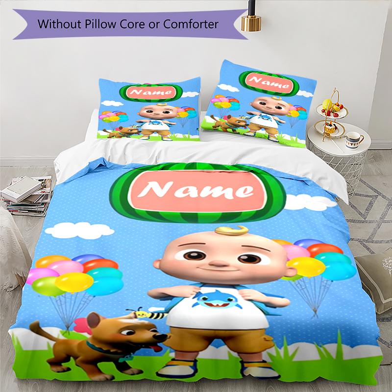 3pcs Custom Name CoComelon Bedding Set Duvet Cover Closure Includes 1 Duvet Cover & 2 Pillowcases, Soft and Comfortable for All Seasons.