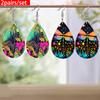 Colorful Fashion Drop Shape PU Leather Earrings for Women Creative Pink Golden Leaf Pattern Drop Earrings