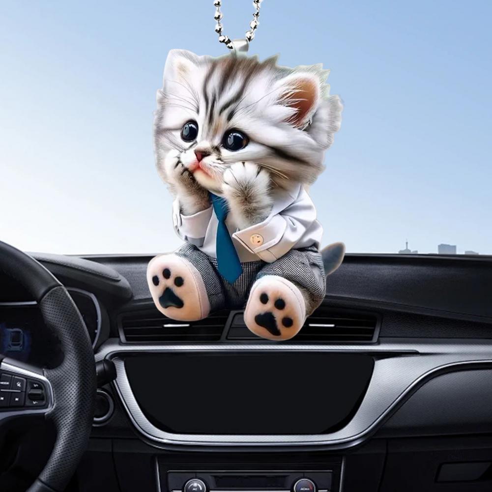 Car Pendant Hanging Ornament With Chain Realistic Animal Cat-Shaped Rearview Mirror Hanging Decor Car Interior Accessories