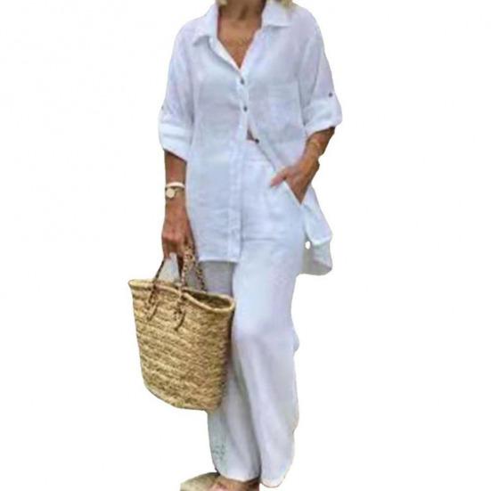 2 Pcs/Set Women Shirt Pants Set Solid Color Turn-down Collar Long Sleeve Top Wide Leg Elastic Waist Loose Pants Commute Clothes Blouse Trousers Set