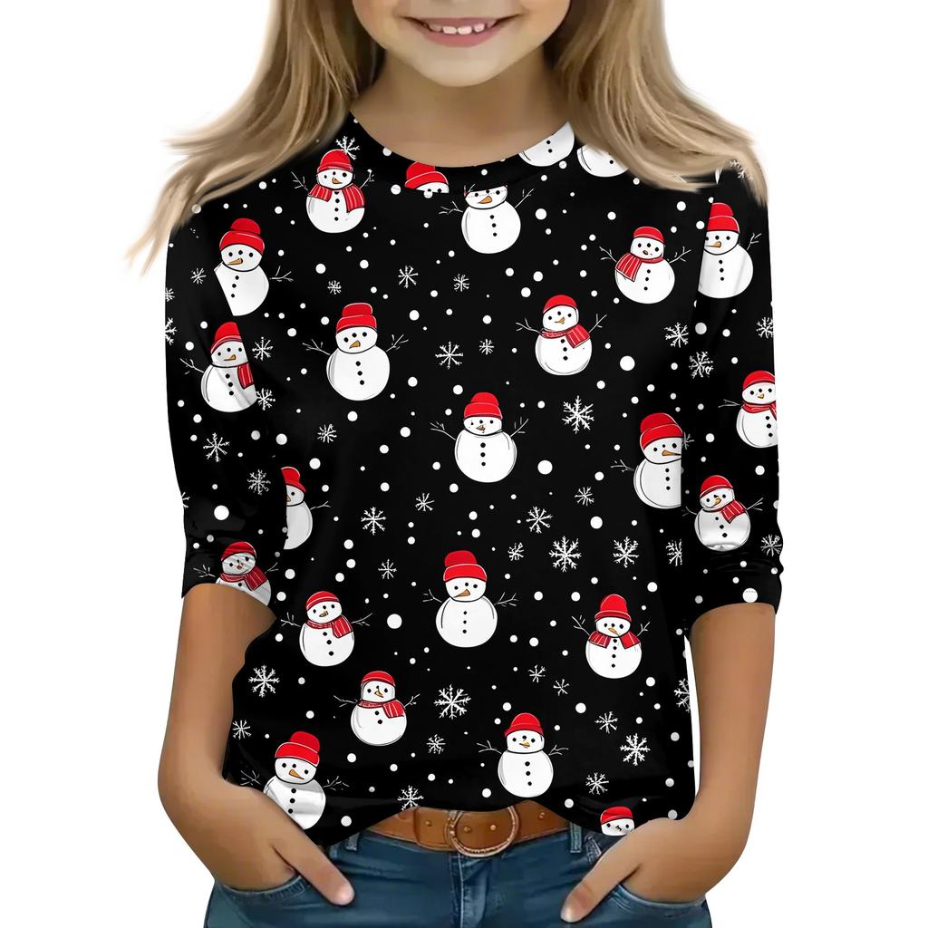 Children's 3/4 Sleeve Tops Casual Christmas Print T Shirt Round Neck Pullover Blouse