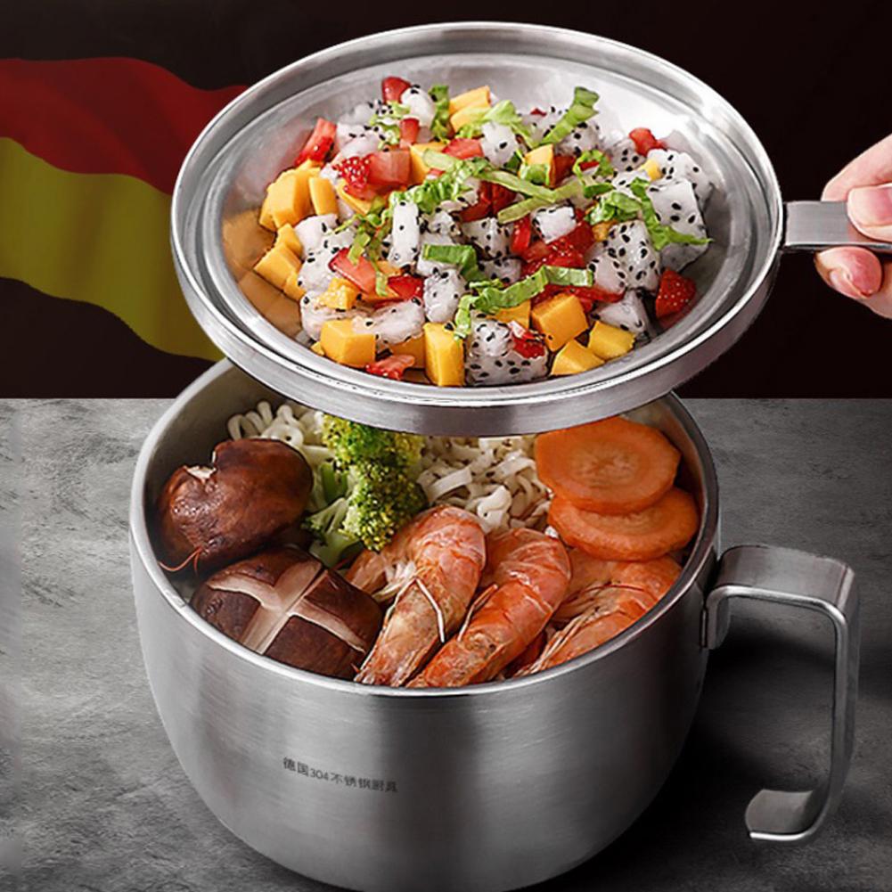 Миска для супа из лапши быстрого приготовления из нержавеющей стали, контейнер для еды с крышкой и ручкой для домашнего использования, для общежития