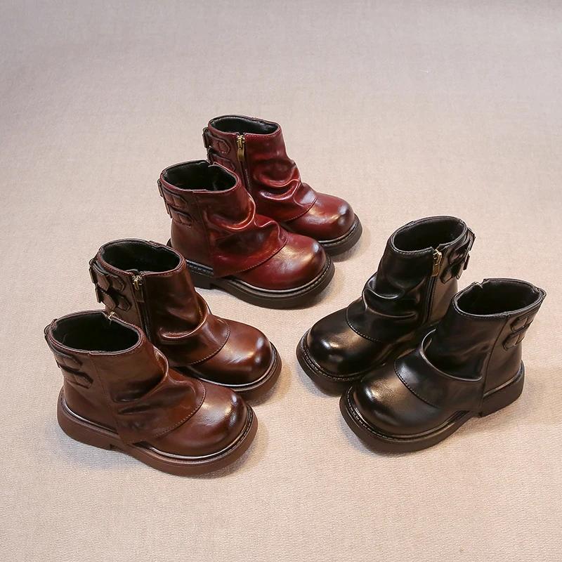 2024 Детские короткие ботинки для девочек осень-зима Новые модные мягкие удобные нескользящие повседневные кожаные туфли в британском стиле