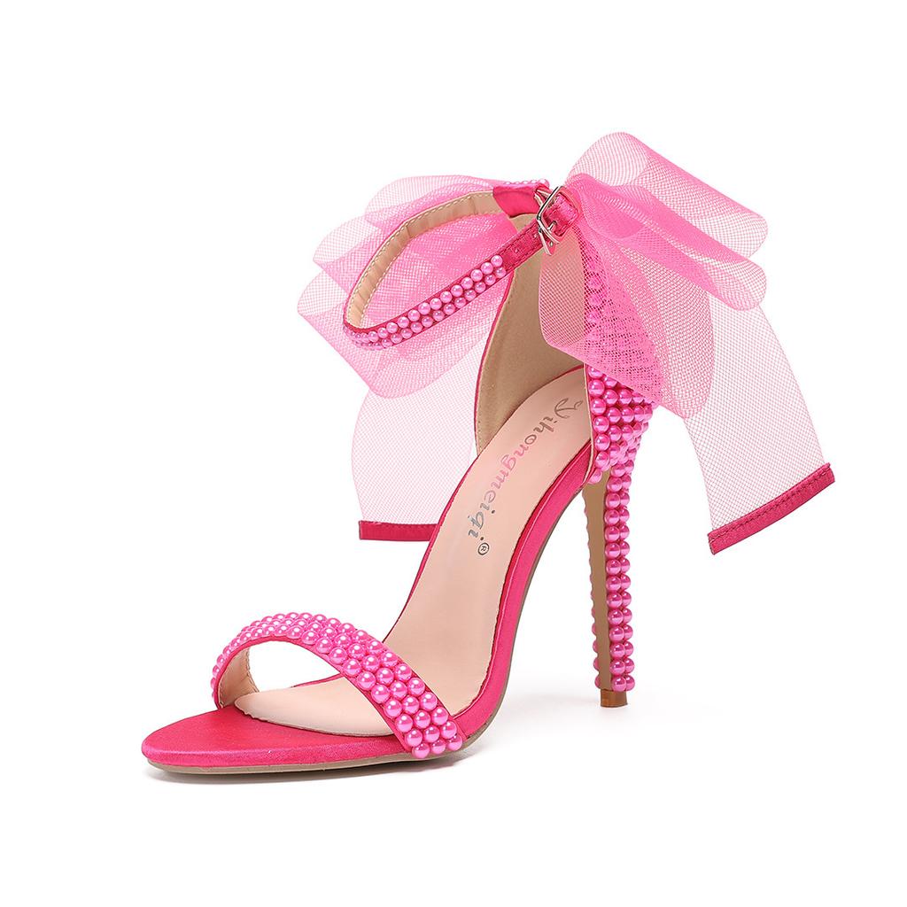 2024 New Summer High Heel Sandals Luxury Shallow Mouth Water Diamond Pearl Women's Casual Single Shoes Wedding Bride Shoes