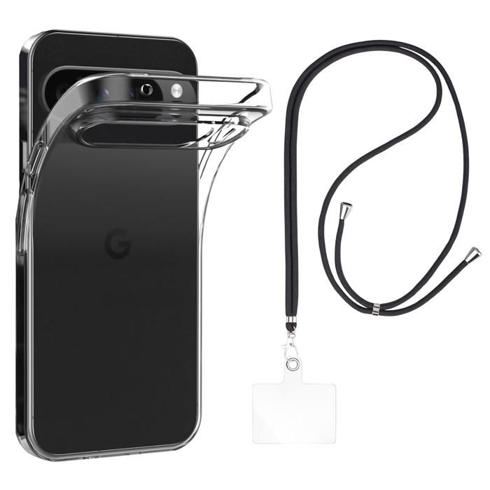 Coque et tour de cou pour Google Pixel 9 Pro XL - TPU Souple Transparent Cordon Noir réglable Phonillico®