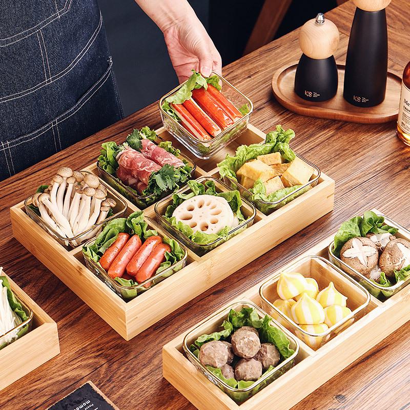 Поднос для закусок из бамбука в японском стиле: Девятирешетчатая жаровня и барбекю-тарелка с овощной тарелкой