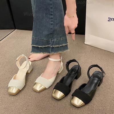 Модные женские сандалии на среднем каблуке с квадратным носком, элегантные офисные, для повседневной носки, с ремешками на щиколотке, французские туфли-лодочки, Sandalias Femininas, размер 35-40