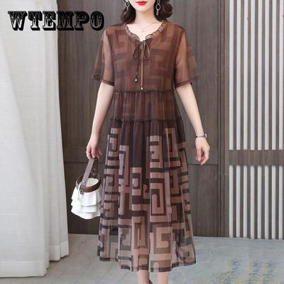 Большой размер L-6XL, летнее шифоновое свободное платье трапециевидной формы до середины икры с короткими рукавами, выглядит обтягивающим животом