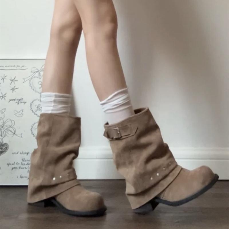 Зимние винтажные плиссированные женские ботильоны-трубы до щиколотки, модные туфли с ремешком на заклепках и пряжке, женские лаконичные ботильоны на толстом каблуке