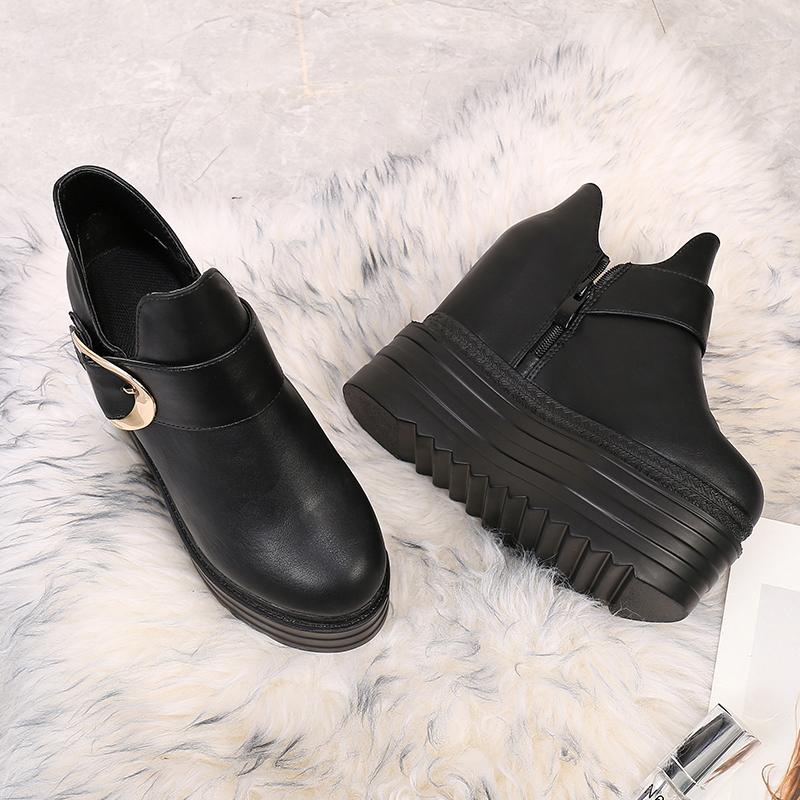Gdgydh Модные женские ботильоны на танкетке с пряжкой, короткие ботинки на плоской платформе и каблуке с металлическим декором, увеличивающие рост, на молнии