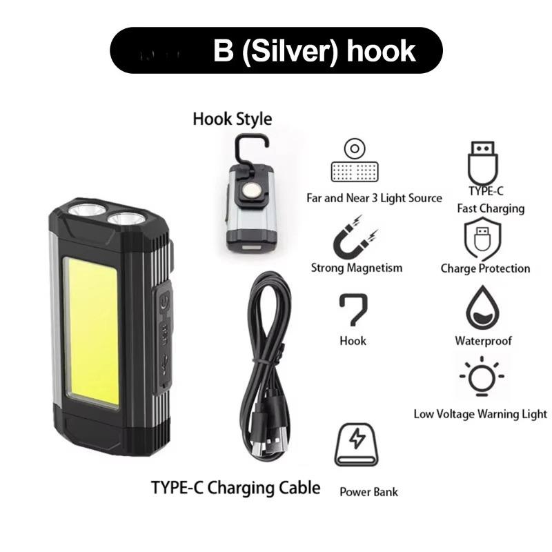 Светодиодный рабочий фонарь USB Type-C Зарядка Фонарик Красные Магнитные Фонари Водонепроницаемый Рабочий Крюк Перезаряжаемый Складной COB Вращающийся Самый Яркий