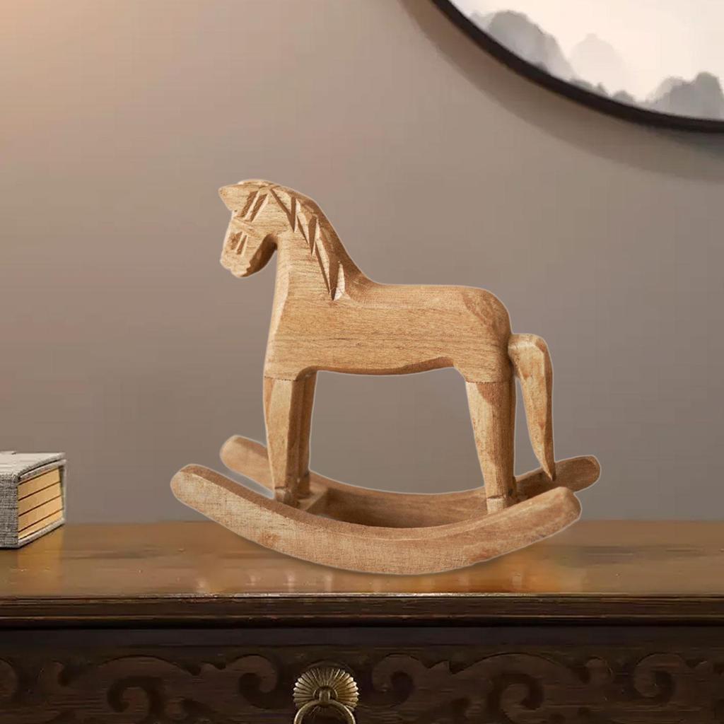 Rocking Horse Statue, Table Decoration Crafts Housewarming Gift, Wooden Figurine Animal