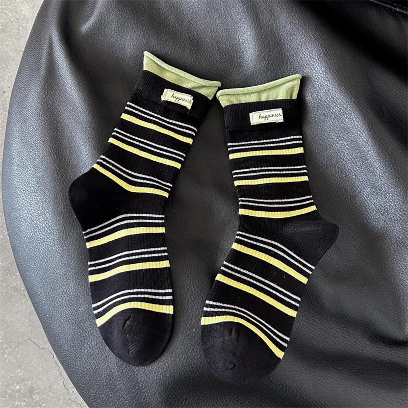 Женские осенние полосатые носки с контрастными цветами, с буквенной нашивкой, с декоративной строчкой, имитация двухслойных гольфов