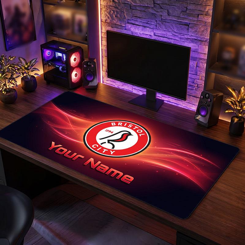 Bristol City Custom Large Mouse Pad, Personalized Name Text Print, Football Logo Non‑Slip Desk Mat Gaming Gift