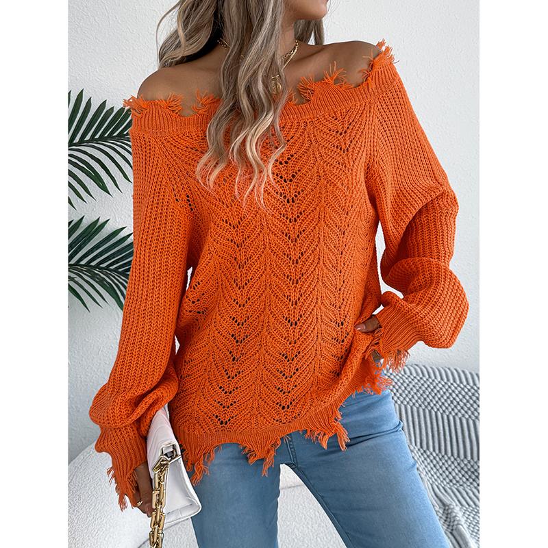 Женские свитера Осень Зима Однотонные Ажурные С длинным рукавом Рваные С открытыми плечами Пуловер