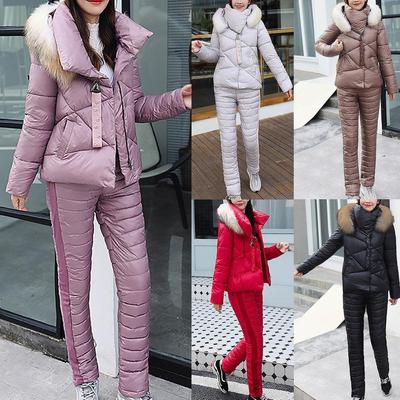 Женская зимняя теплая повседневная свободная куртка с меховым воротником + свободные брюки, комплект из двух предметов