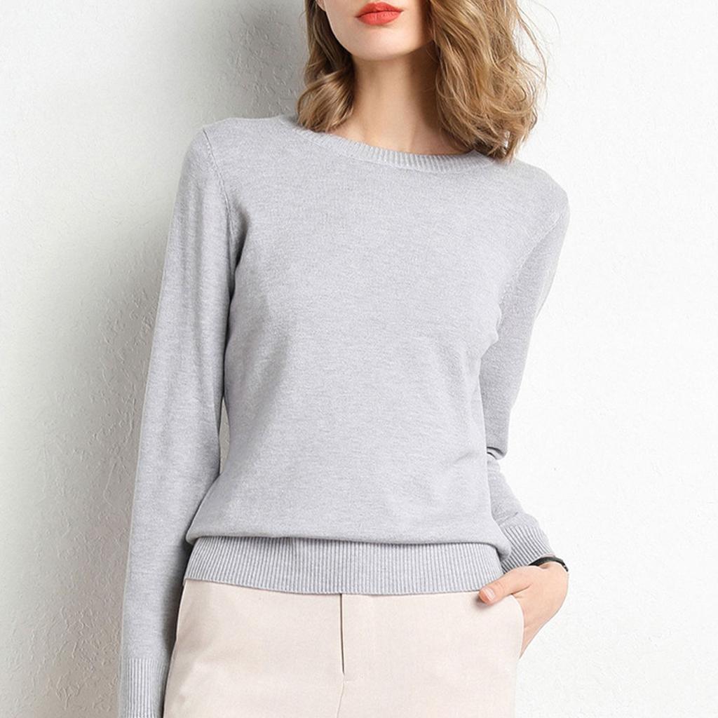 Женский вязаный свитер с длинными рукавами и круглым вырезом, свободный тонкий топ