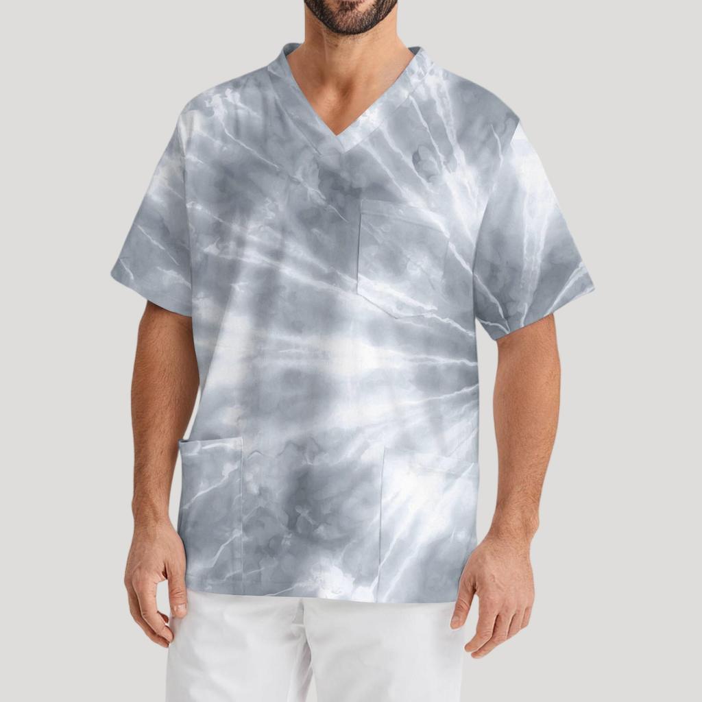 Мужская рабочая блузка с короткими рукавами и v-образным вырезом с принтом, топ с нагрудным карманом