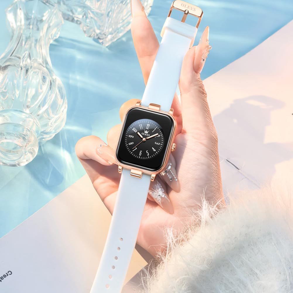 OLEVS Women's Watch, Waterproof, Luminous, Silicone Band, Japan Quartz Movement, white (white silicone strap rose gold case black dial)