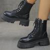 Мода 2025 Осень Зима Черные Ботинки на Платформе Женская Мода Шнуровка Молния Ботильоны Женские Панк Толстый Каблук Искусственная Кожа Botas Mujer