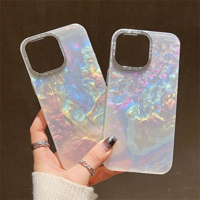 Luxury Shell Laser Case for iPhone 14 15 16 Pro Max 12 11 13 Pro Plating Aurora Cover For iPhone 15 Plus Hard Shockproof Cover