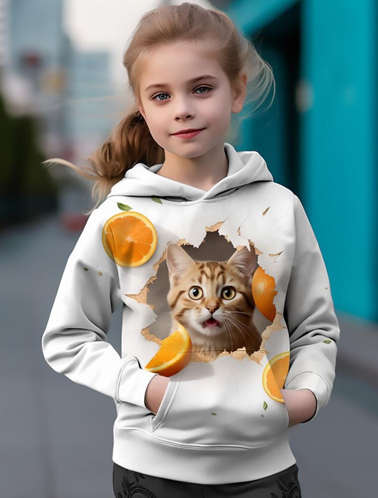 Kids Hoodies 3D Print Cartoon Cat Orange Motifs Streetwear Boys Girls Sweatshirts Oversized Hoodie Kawaii Pullovers Tracksuits