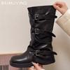 Кожаные женские высокие сапоги, дизайнерские туфли на среднем каблуке, ботинки для мотоциклистов средней длины, зимние 2024 года, тренд, новинка, готические ботинки Mujer