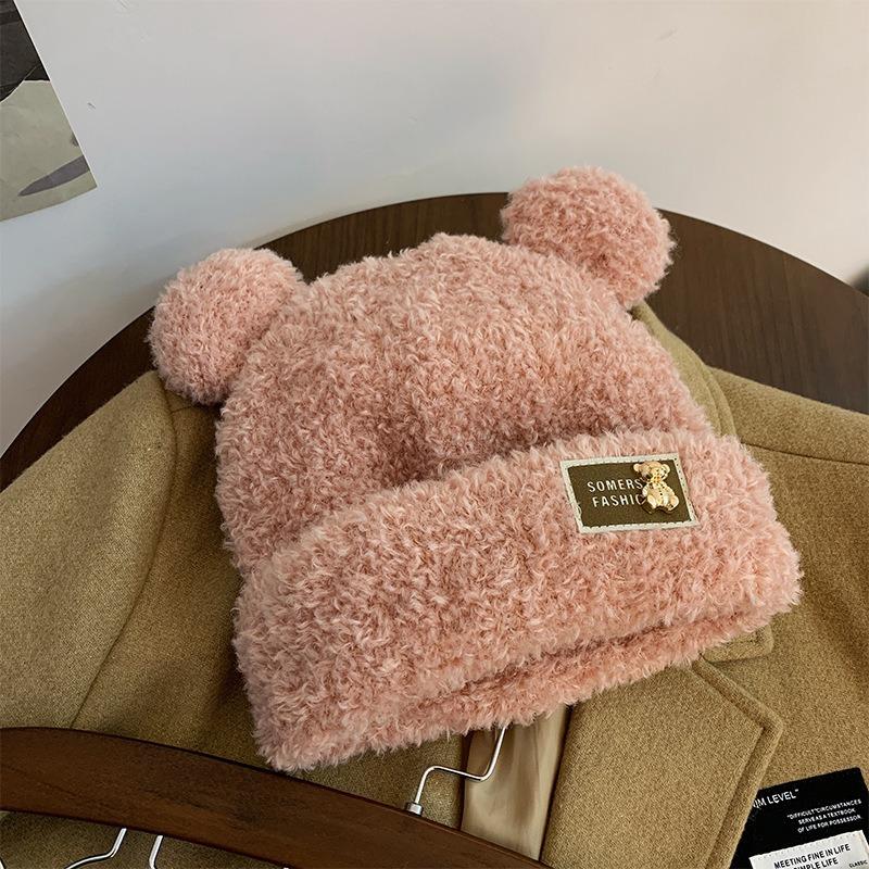 Cute Bear Wool Hat Women's Winter Thickened Plush Warm Plush Bald Hat Autumn and Winter Big Head Circumference Knitted Hat