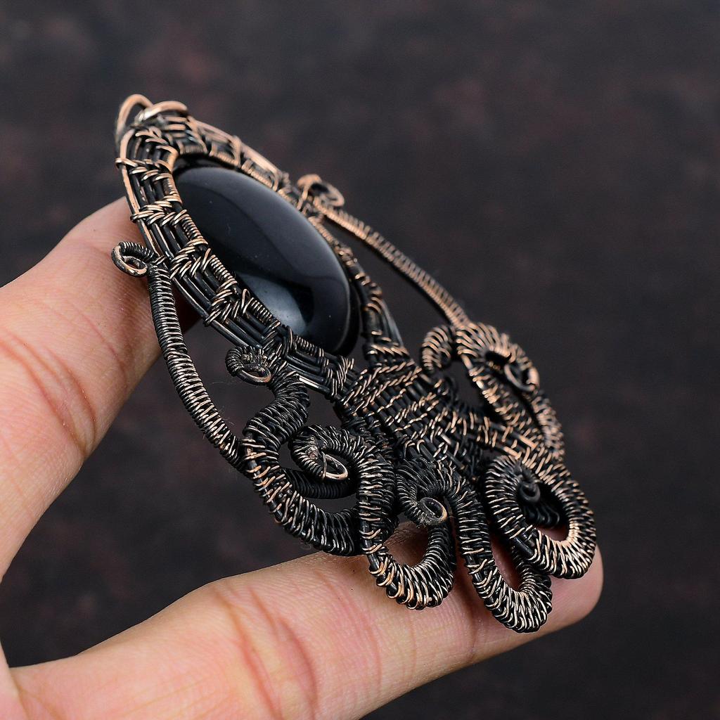 Кулон из черного оникса, медная проволока, кулон, кулон в виде осьминога, медные украшения, кулон ручной работы, ювелирные изделия из проволочной обмотки, кулон с драгоценным камнем для подарка