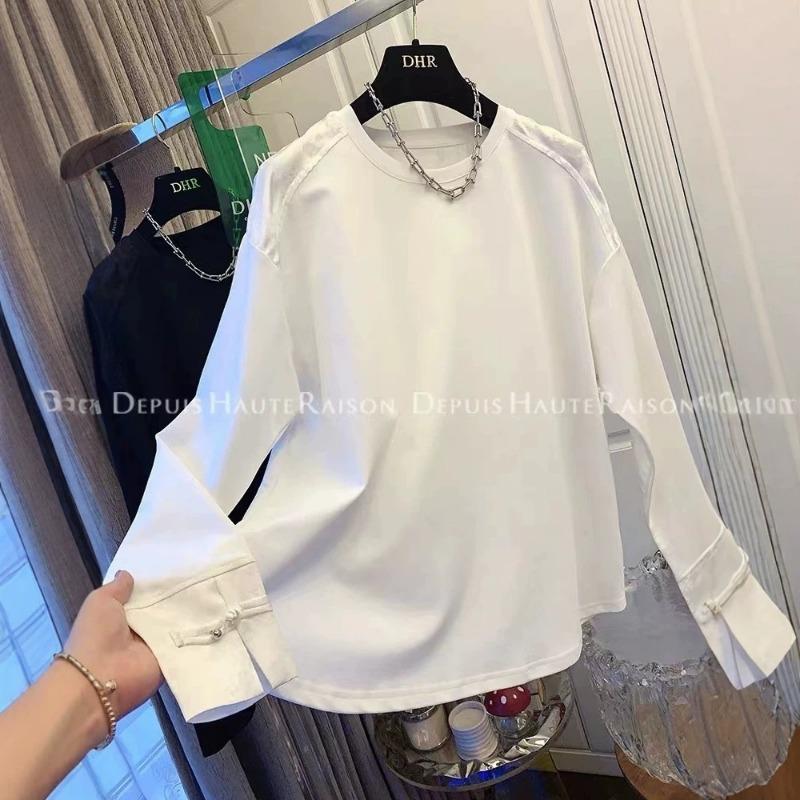 Plus Size Women S Long Sleeve T Shirt New Chinese Style Jacquard Frog Button Casual