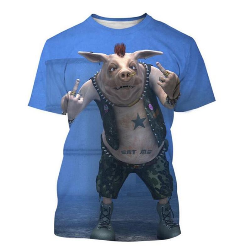 Cute Men and Women Guitar and Pork 3D Printed T-shirt, Imitating Animal Fun Summer Clothing, Round Neck, Short Sleeves, Casual