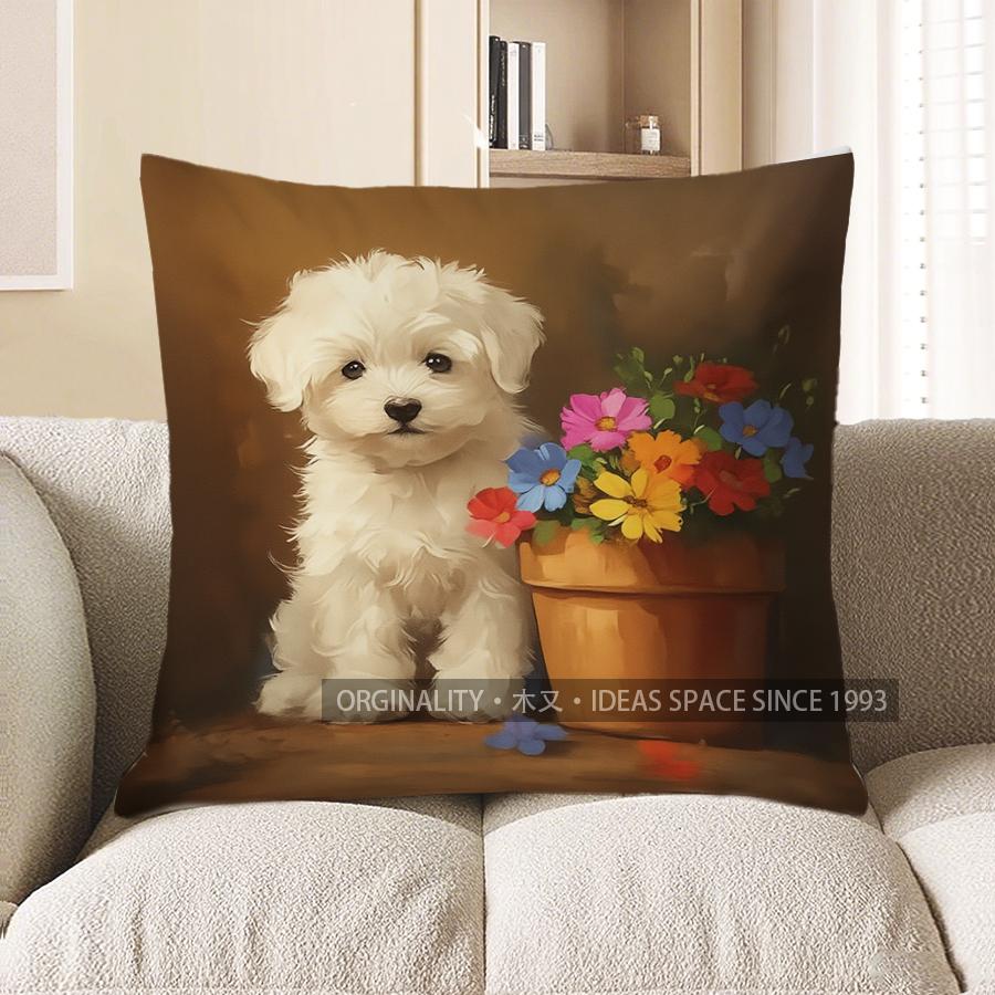 Home Decor Cute Puppy With Flowers Throw Pillow Cover Pattern Cushion Cover Suitable For Sofa Bedroom Car Pillow Cover