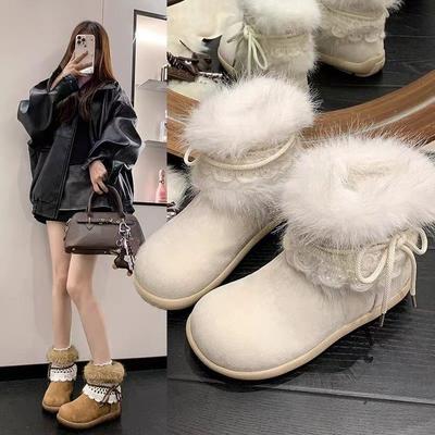 Модные теплые зимние ботинки в стиле ретро с кружевным бантом, женские, 2025, новые, с круглым носком, из вельвета, модные хлопковые ботинки